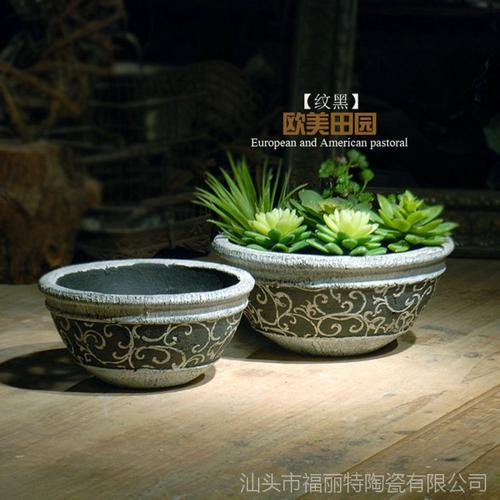 欧美乡村复古风 黑色贴花粗陶多肉拼盆，打造独特园艺魅力